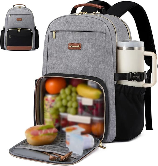 LOVEVOOK Lunch Backpack with Lunch Compartment,15.6 Inch Laptop Work Travel Insulated Cooler Backpack, Waterproof College Teacher Lunch Bag Box with Tumbler Holder,Gifts for Men Women,Grey-Black-Brown