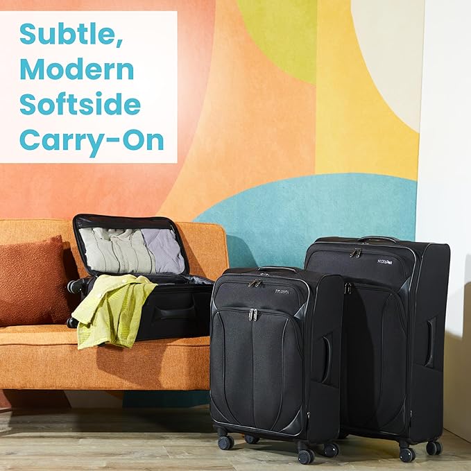 American Tourister 4 KIX 2.0 Expandable Softside Luggage with Spinner Wheels, 2PC SET (20/24), Black
