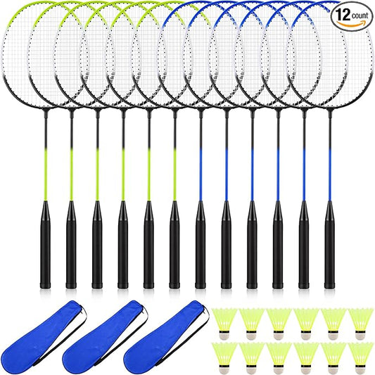12 Pack Badminton Rackets Set Including Badminton Racquets, Nylon Shuttlecocks and Carry Bag for Outdoor Backyard Games Beginners