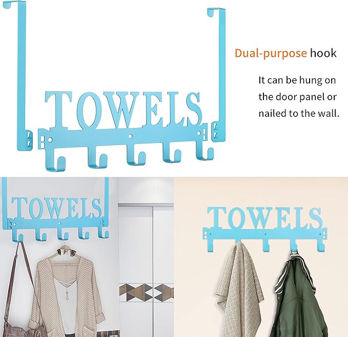 Over The Door Towel Holder - Hooks & Rack for Bathroom, Robe & Beach Towels (Blue)