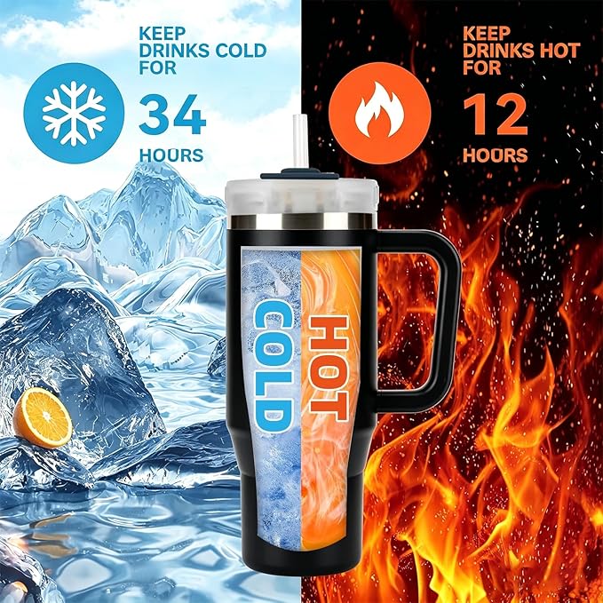 TYESO Vacuum Insulated Tumbler Water Bottle Cold Insulation Stainless Steel Bottle Straw Handle Mug Double Wall Wide Mouth (BLACK, 30 oz)