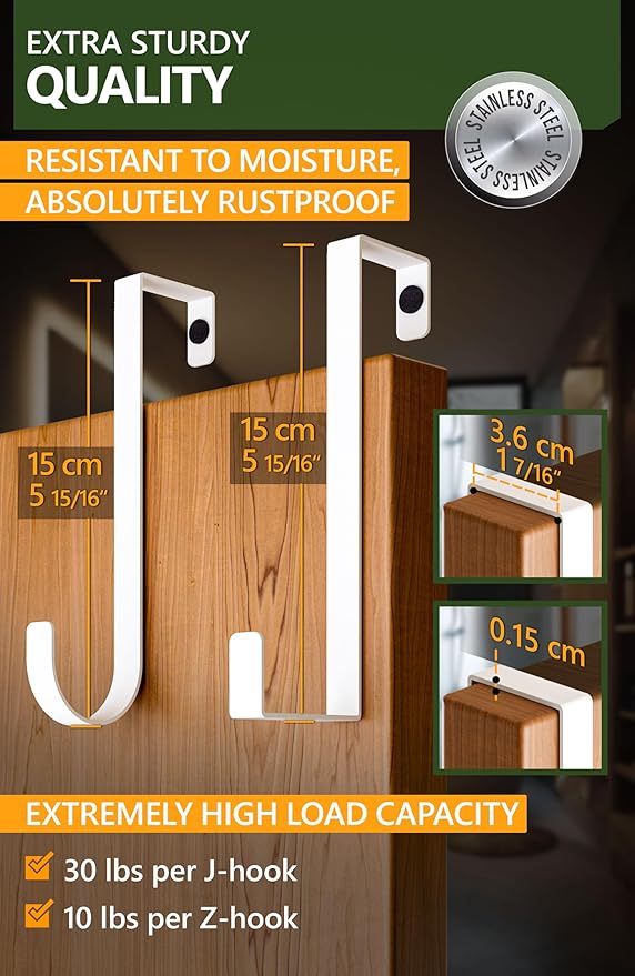 Over the Door Hooks 5 Pack - White Coat Hanger x 4 & 2-Sided Wreath Hanger x 1 Set, Towel Holder for Door Width up to 1 3/8", Hooks for Hanging with Anti-Scratch Pads & Removable Non-Slip Dots