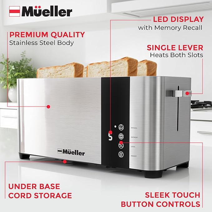 Mueller UltraToast ステンレス製トースター 4枚切り – 食パン、ベーグル、冷凍ワッフル対応 1.6インチ幅広スロット、6段階焼き色調節、LEDディスプレイ、キャンセル/解凍/再加熱機能、取り外し可能なくず受け皿