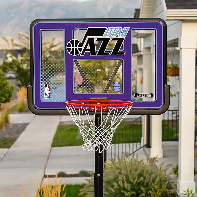 Lifetime NBA Utah Jazz Portable Basketball Hoop, Adjustable Height 7.5-10 Ft, 44 Inch Shatterproof Fusion Backboard, Base with Wheels