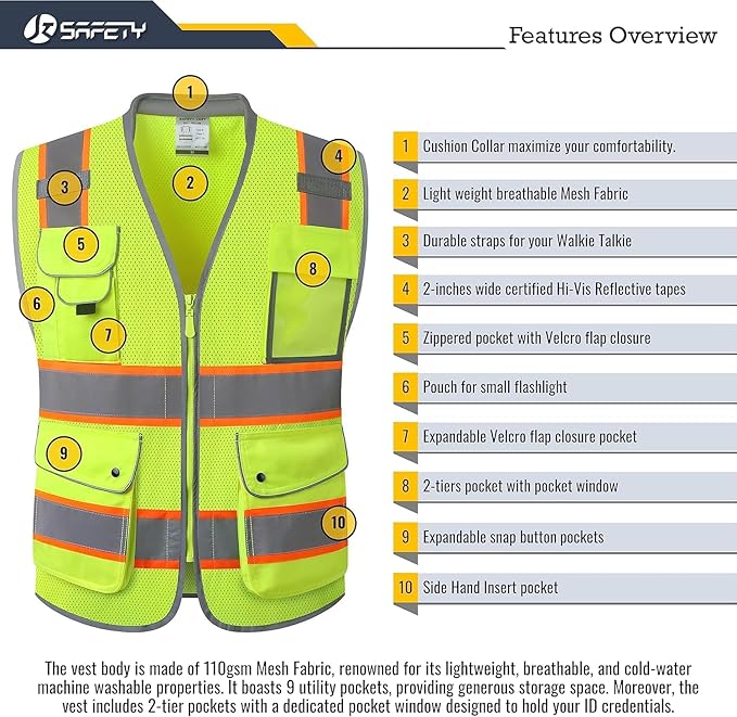 JKSafety 9 Pockets Hi-Vis Safety Vest Breathable Mesh Fabric Cushioned Collar Work Utility PPE Lightweight Industrial Work Gear ANSI/ISEA compliant (101-Yellow S)
