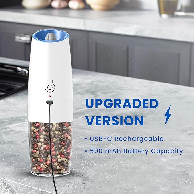 Rechargeable Electric Salt and Pepper Grinder set of 2, gravity electric salt and pepper grinder set, Adjustable Roughness, LED Light, 2 Pack, (White)