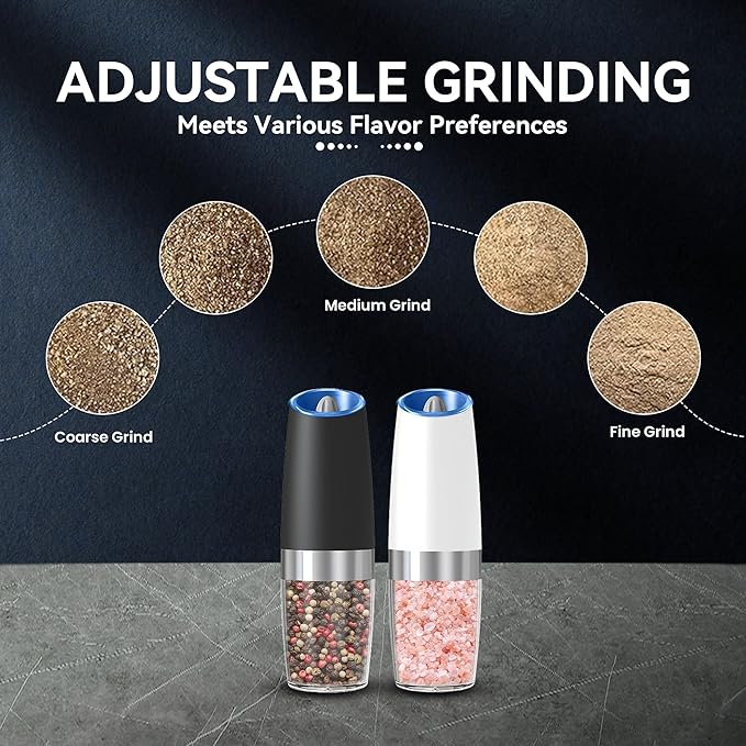 Gravity Electric Salt and Pepper Grinder set of 2, Automatic Salt And Pepper Grinder Set, Adjustable Roughness, Battery Powered, LED Light, 2 Pack, (Black&White)