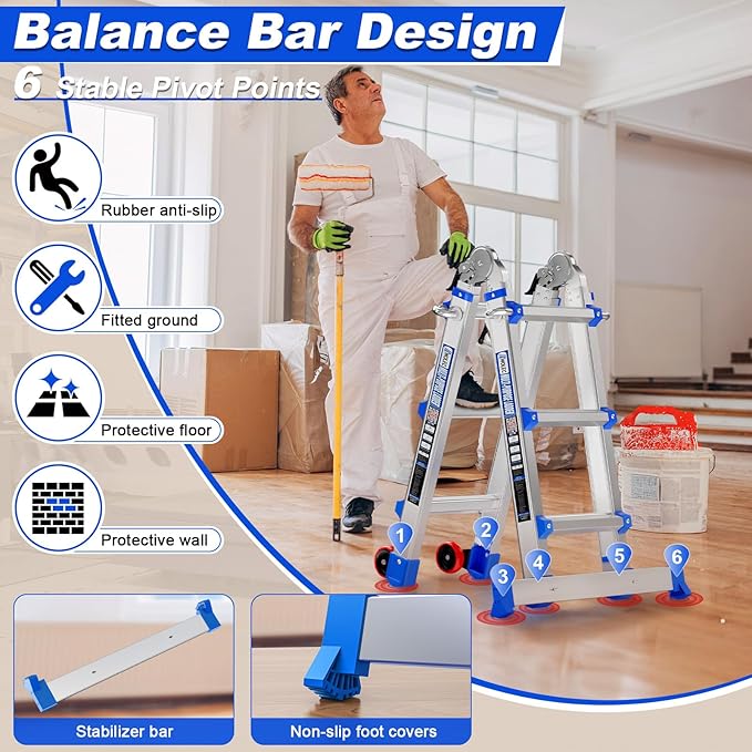 Telescoping A-Frame Ladder- 11FT Folding Extension Ladder with Wheels & Stabilizer Bar, 330lb Security Load Multi Position Ladders for Stairs Home Indoor Outdoor Roof