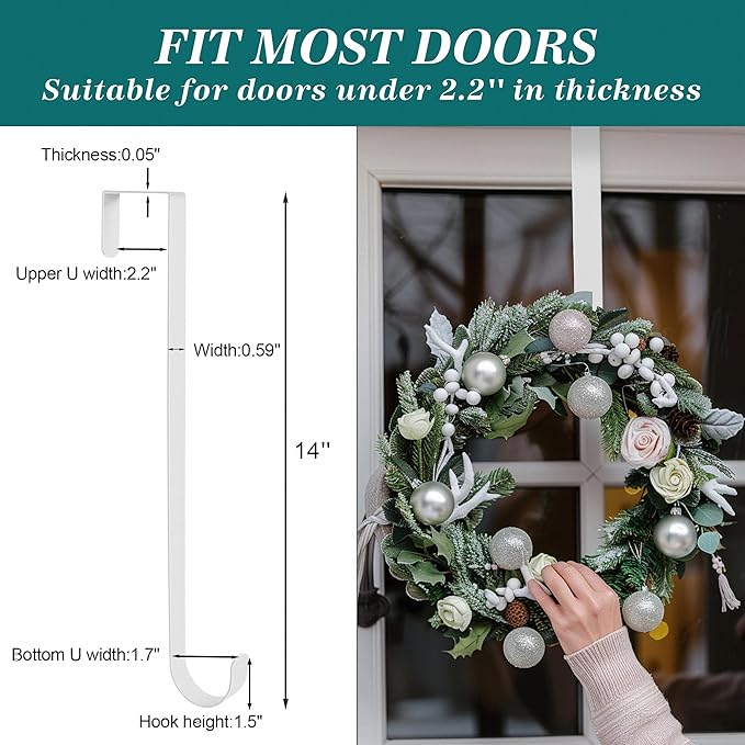 HOOSUN Wreath Hangers for Front Door St Patricks Day Decorations,14 Inch Metal Wreath Hook Holder for Spring Decor,20 Lbs White Over The Door Wreath Hanger for Spring Wreath Front Porch Easter Decor