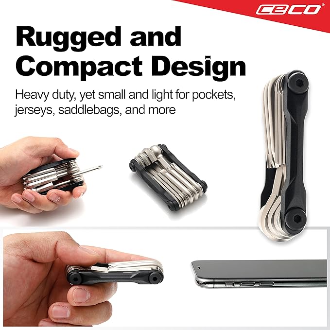 CECO USA 10 Function Bike Tool, Bicycle Multi Tool, Heavy Duty, Compact Pocket Sized, Lightweight, High Strength CR-V 6150 Tool Steel, Easy To Carry, Case Pouch Included, Original