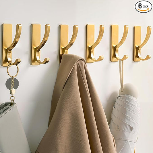 pickpiff Adhesive Wall Hooks for Towels - Sticky Hook Hanging Heavy Duty (13lb), Hanger for Door, Bathroom, Dorm, Closet - for Coats, Purse, Bag, Robe - No Damage to Wall - Gold 6 Pack