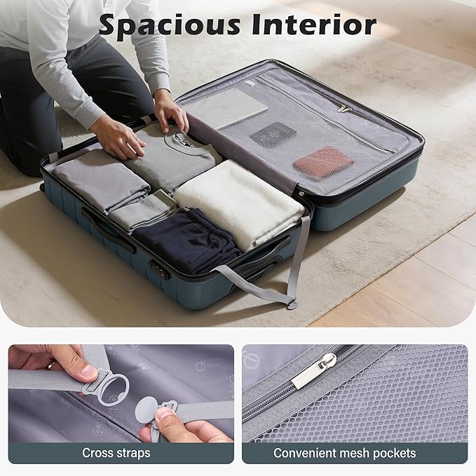 Coolife Larage Luaggage Hardside Expandable Suitcase with Spinner Wheels Checked 28-Inch（Teal Blue）