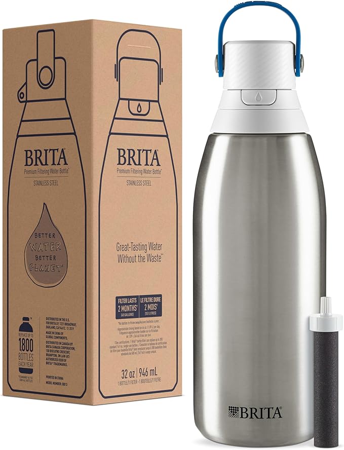 ブリタ ステンレス製 浄水機能付きボトル BPAフリー 再利用可能 保温保冷 従来のペットボトル300本分相当 フィルター寿命2ヶ月または40ガロン フィルター1個付き ステンレス 940ml