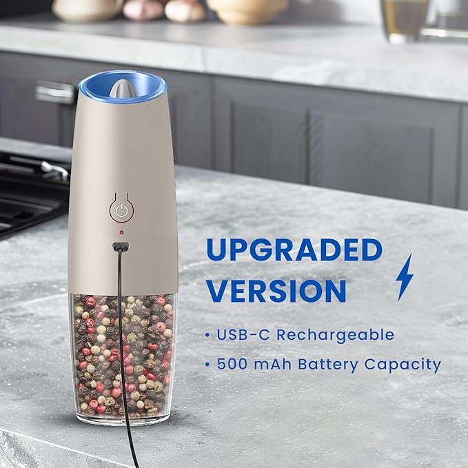 Rechargeable Electric Salt and Pepper Grinder set of 2, gravity electric salt and pepper grinder set, Adjustable Roughness, LED Light, 2 Pack, (Khaki)