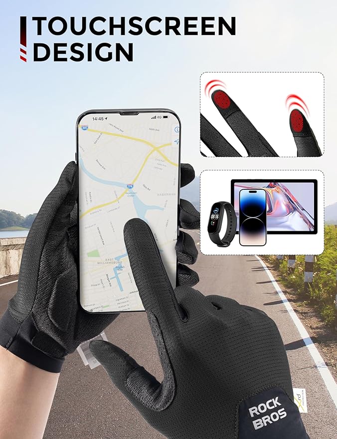 ROCKBROS Cycling Gloves for Men Women XRD Shock Absorbing Bicycle Riding Anti-Slip Breathable Full Finger UV-Sun-Protection Gloves for Road/Mountain & Electric Bike,E-Bike Commuter