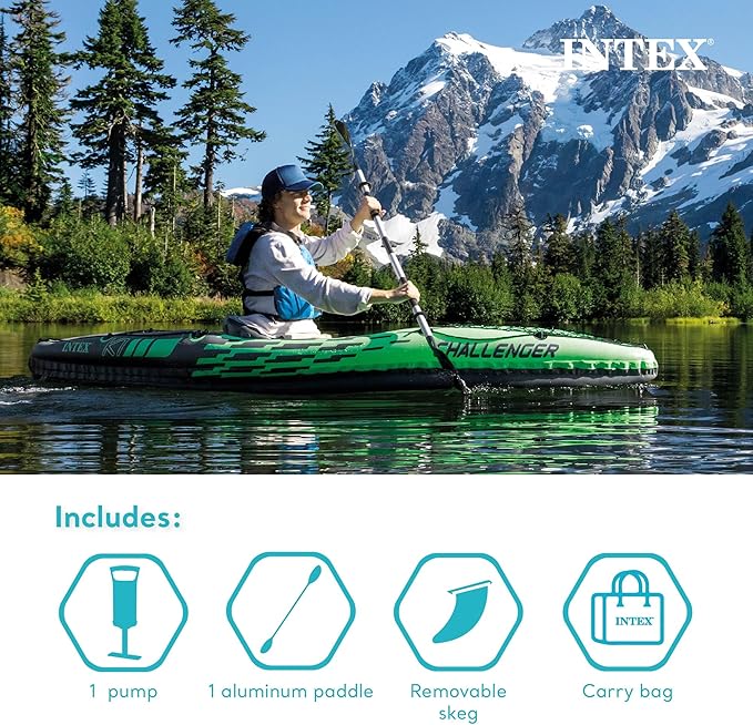 Intex Challenger K1 1 Person Durable Vinyl Streamline Sporty Kayak with Inflatable Seat and Backrest, Oar, Pump, Carrying Bag, and Repair Kit (2 Pack)