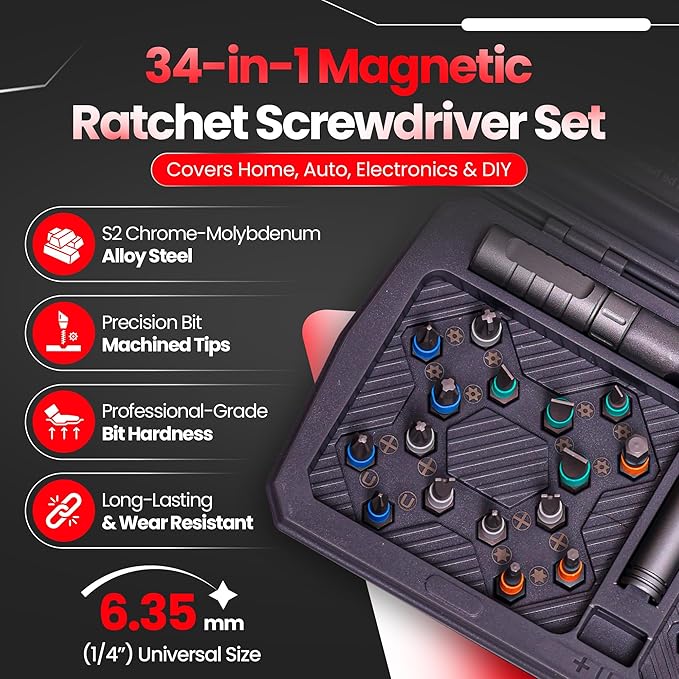 34 in 1 Magnetic Screwdriver Set, Magnetic Ratchet Screwdriver Set with Multi-Bit Ratcheting Handle & Bit Magnetizer, Compact Repair Tool Kit with Storage Case for Furniture, Computer, Bicycle and DIY
