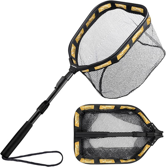 PLUSINNO Floating Fishing Net for Steelhead, Salmon, Fly, Kayak, Catfish, Bass, Trout Fishing, Rubber Coated Foldable Landing Net with Fixed or Telescoping Pole Handle, Fishing Gear and Gifts for Men