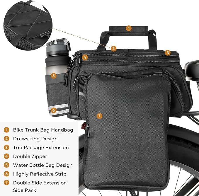Bike Rack Bag,20L Large Capacity Waterproof PVC Bicycle Pannier Saddle Bag with Multiple Foldable Pockets for Rear Rack, Commuter Travel Outdoor Cycling Road Mountain Ebike,Reflective Strips, Black