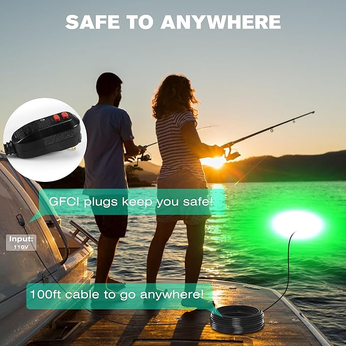 Goldlife Underwater Fishing Light with 100ft Cable, 400W 40000LM GFCI Safety Plug Brightness Green LED Submersible Light Attractants for Docks/Boats/Kayaks, IP69K Rated for Fresh & Salt Water