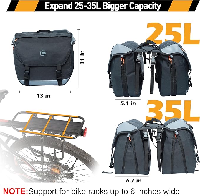 Bike Panniers, 25-35L Expandable Bike Saddle Bag for Rear Rack, Waterproof Large Capacity Reflective Strip Bicycle Panniers, Ebike Accessories for Commuter Grocery Shopping Travel Carrier
