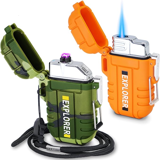 2 Pack Waterproof Outdoor Lighter Plasma Windproof Torch Lighters Dual Arc Lighters Electric USB Rechargeable Lighter Flameless EDC Camping Adventure Survival Tactical Gear