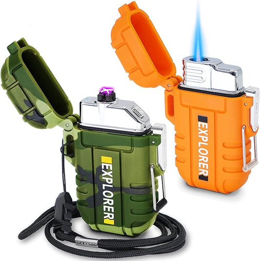 2 Pack Waterproof Outdoor Lighter Plasma Windproof Torch Lighters Dual Arc Lighters Electric USB Rechargeable Lighter Flameless EDC Camping Adventure Survival Tactical Gear