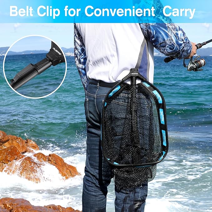 PLUSINNO Floating Fishing Net for Steelhead, Salmon, Fly, Kayak, Catfish, Bass, Trout Fishing, Rubber Coated Foldable Landing Net with Fixed or Telescoping Pole Handle, Fishing Gear and Gifts for Men