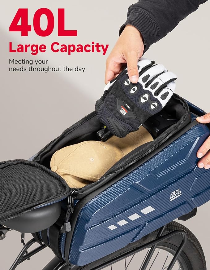 KEMIMOTO 40L E-Bike Battery Bike Bags for Rear Rack, EVA Hard Shell Bag with Reflective Strip and Waterproof cover, Ebike Trunk Bicycle Seat Pannier for Commuter Travel