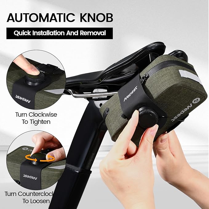 Nepest Bike Saddle Bag Waterproof 0.6L Bike Seat Bag with Knob Closure Reflective Portable Under Seat Storage for Road, Gravel, Mountain Bike, Army Green