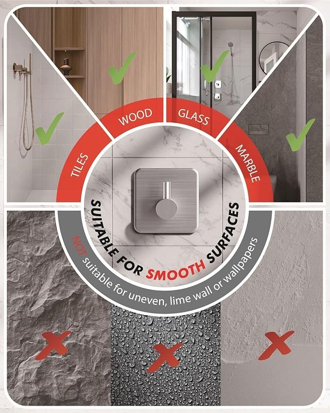 Auxmir Adhesive Hooks Heavy Duty 22lb(Max) Towel Hooks for Shower, 5 Pack Self Adhesive Damage Free Wall Hooks, Stainless Steel for Coat Robe, Waterproof Oilproof Rustproof for Bathroom Kitchen Office