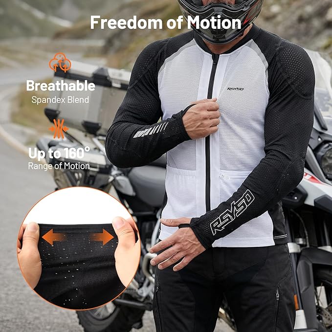 Men's Armored Motorcycle Shirt with CE Certified Protective Mesh Motorcycle Jacket Men with Reflective Strips, All Season Motorcycle Riding Shirt for Motorcycle Bicycle Scooter Riding Gear White