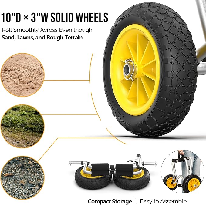 Bonnlo Kayak Car Foldable Aluminum Kayak Trailer with 10'' Solid Tires, Universal Kayaks Wheel Cart Dolly for Canoe, Paddle Board, Boat, Float Mats, Jon Boat