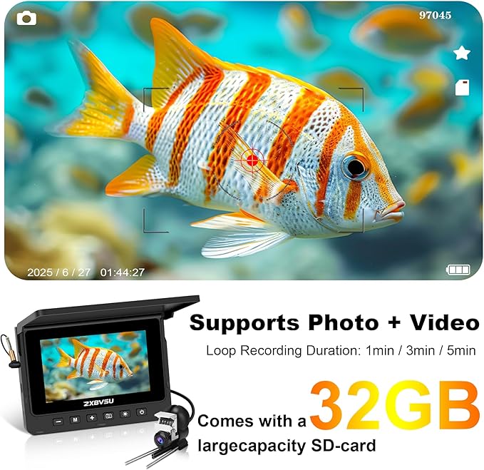 Underwater Fishing Camera with DVR Recording, 4.5" IPS Screen, 220° Ultra-Wide View, 32GB SD Card, 100ft Cable, Ice Fishing Camera, Portable Fish Finder for Lake Kayak Boat Fishing