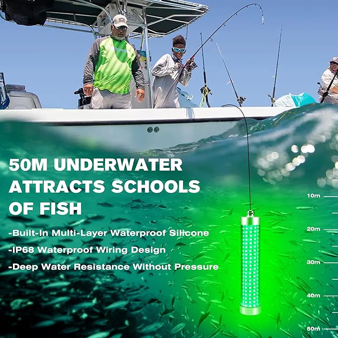 Underwater Fishing Light 12V / 110V Fish Attracting Light for Boat Docks Kayaks at Night, Submersible Green Light for Crappie Snook Squid Bait Catfish (16.4ft / 33ft Cable)