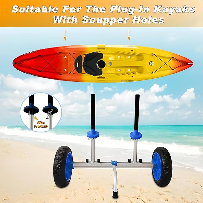 Sit on Top Kayak Cart Dolly with Soild Wheels,Quick-Detachable and Width Adjustable, Suitable for Kayaks Canoes with Scupper Holes