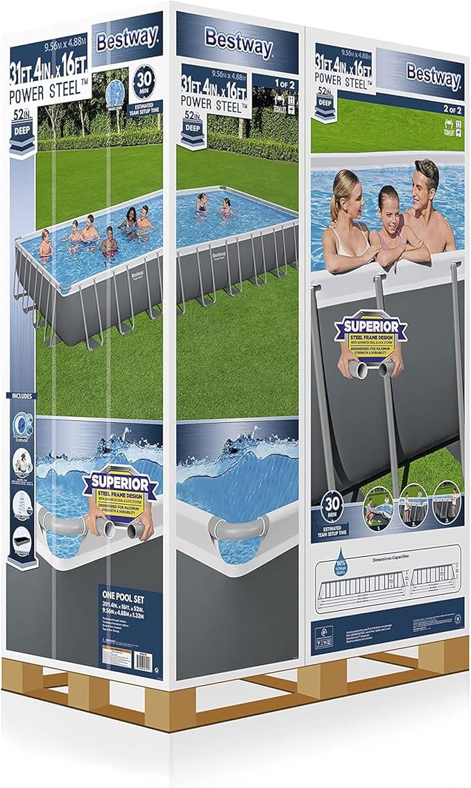 Bestway Power Steel 31フィート4インチ x 16フィート x 52インチ 地上設置型プール、長方形メタルフレーム屋外スイミングプールセット（サンドフィルターポンプ、はしご、カバー付き）