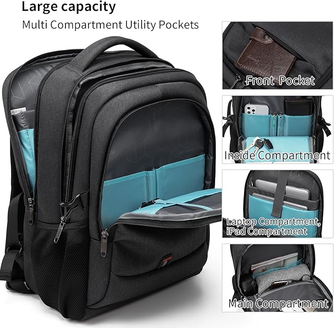 DUSLANG 17 Inch Laptop Backpack for Travel Water Resistant College Backpack for Men Women Laptop Bag with USB Charging Port Clear Cosmetic Bag,Black