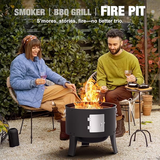 16" Charcoal Smoker, 3 in 1 Heavy Duty Vertical Barbecue Grill, Outdoor Fire Pit 402 Square Inches Cooking Area, Versatile Outdoor Smoker Grill, Black