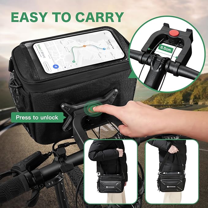Bike Handlebar Bag with Touch Screen Phone Holder, 6L Large Water Resistant Bike Basket Front Bag with Handlebar Adapter, Reflective Bike Storage Pouch with Shoulder Strap for Bicycle and E-bike