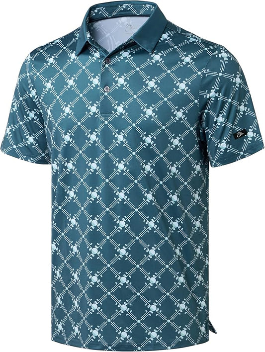 Obla Mens Golf Polo Shirts Short Sleeve Dry Fit Performance Moisture Wicking Casual Print Collared Golf Shirts for Men