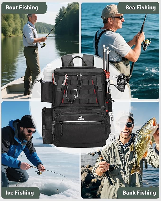 MATEIN Fishing Backpack with 4 Tackle Boxes, Fishing Bag with Rod Holder & Safety Compass & Cooler, Gifts for Fishermen
