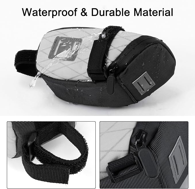 ENLEE Bicycle Saddle Bag, White Reflective Bike Seat Bag with Taillight Hangers, Waterproof Bicycle Storage Pouch Under Seat with Independent Item Partitions for Mountain/Road/Gravel Bikes, Small