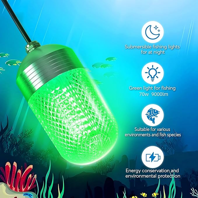 Luckerain Underwater Fishing Light 70W 12V Green Light for Fishing IP68 Waterproof 9000 Lumens High Brightness Fish Attracting Light for Docks, Boats or Kayaks,26ft Power Cord