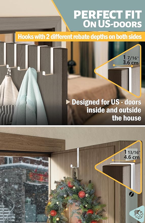 Menz Set of 10 Over The Door Hooks - White Coat Hanger, 2-Sided Towel Holder fits 1 3/8" & 1 3/4" - Hooks for Hanging with Anti-Scratch Felt Pads, Wreath Hanger with Removable Sticky Non-Slip Dots
