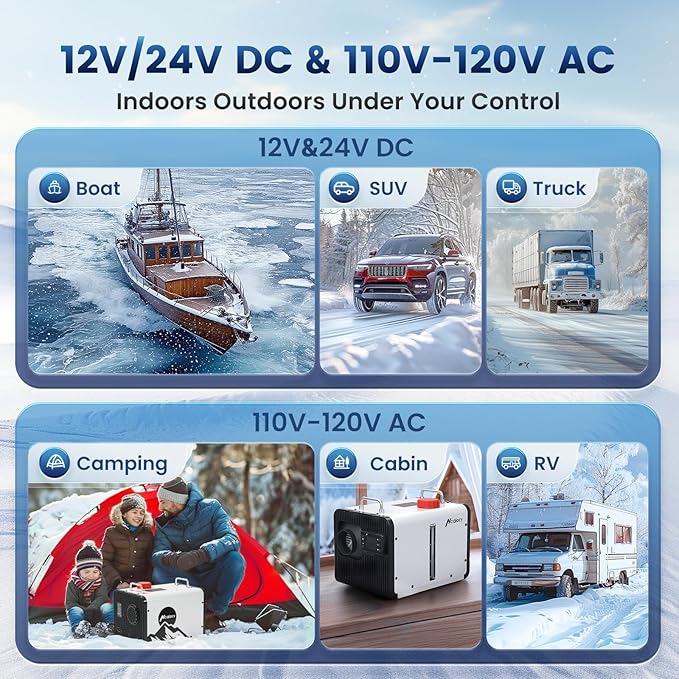 8KWディーゼルヒーターポータブル、HBH2 12Vディーゼルエアヒーター（アプリ制御、10段階温度設定、燃焼効率28%向上、自動スタートストップ、110V/120V AC対応）、自動車、RV、キャンピングカー用、2025年アップグレード版