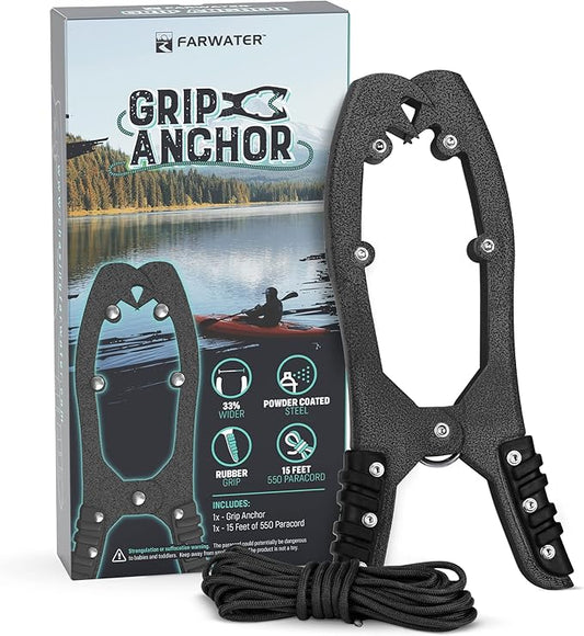 Canoe Anchor Grip - Boat, Float Tube & Kayak Fishing Accessories, Kayaking Equipment - Brush Clamp Anchor with Teeth - Gripper with 15ft Paracord - Rubber Grips - Coated Steel -