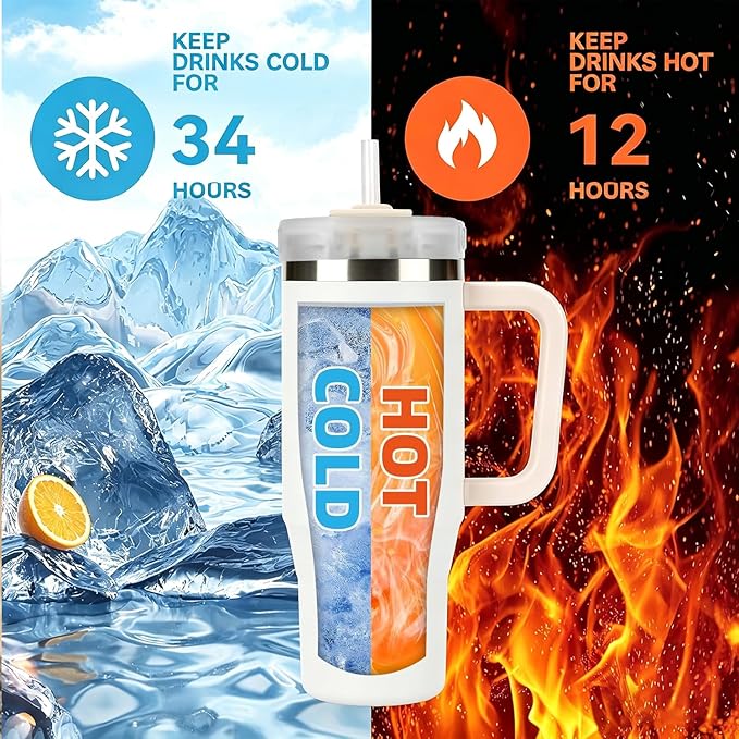 TYESO Vacuum Insulated Tumbler Water Bottle Cold Insulation Stainless Steel Bottle Straw Handle Mug Double Wall Wide Mouth (White, 40 oz)