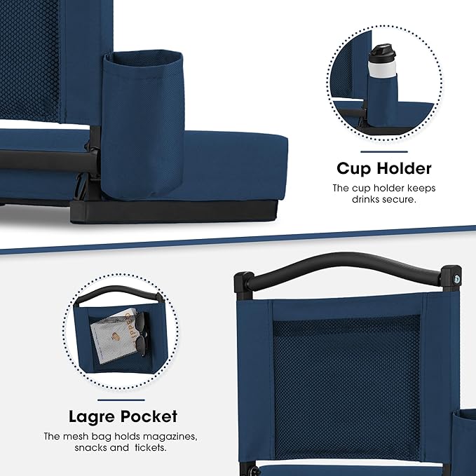 Fragess Bleacher seat, Stadium Seats with Back Support and Thick Cushion, Bleacher Chairs with Shoulder Strap and Side Pocket, Stadium Seat for Bleachers, Perfect for Sports Events(Navy Blue)
