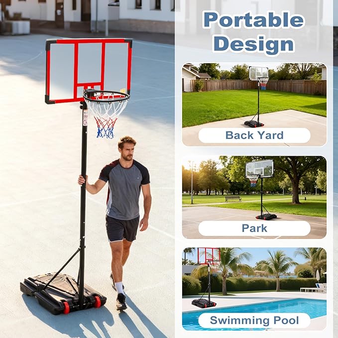 DUMOS 10FT Adjustable Height Portable Basketball Hoop Outdoor for Adult, 44 Inch Shatterproof Backboard w/Shock Absorbent Rim, Fillable Base, 2 Wheels for Swimming Pool/Indoor